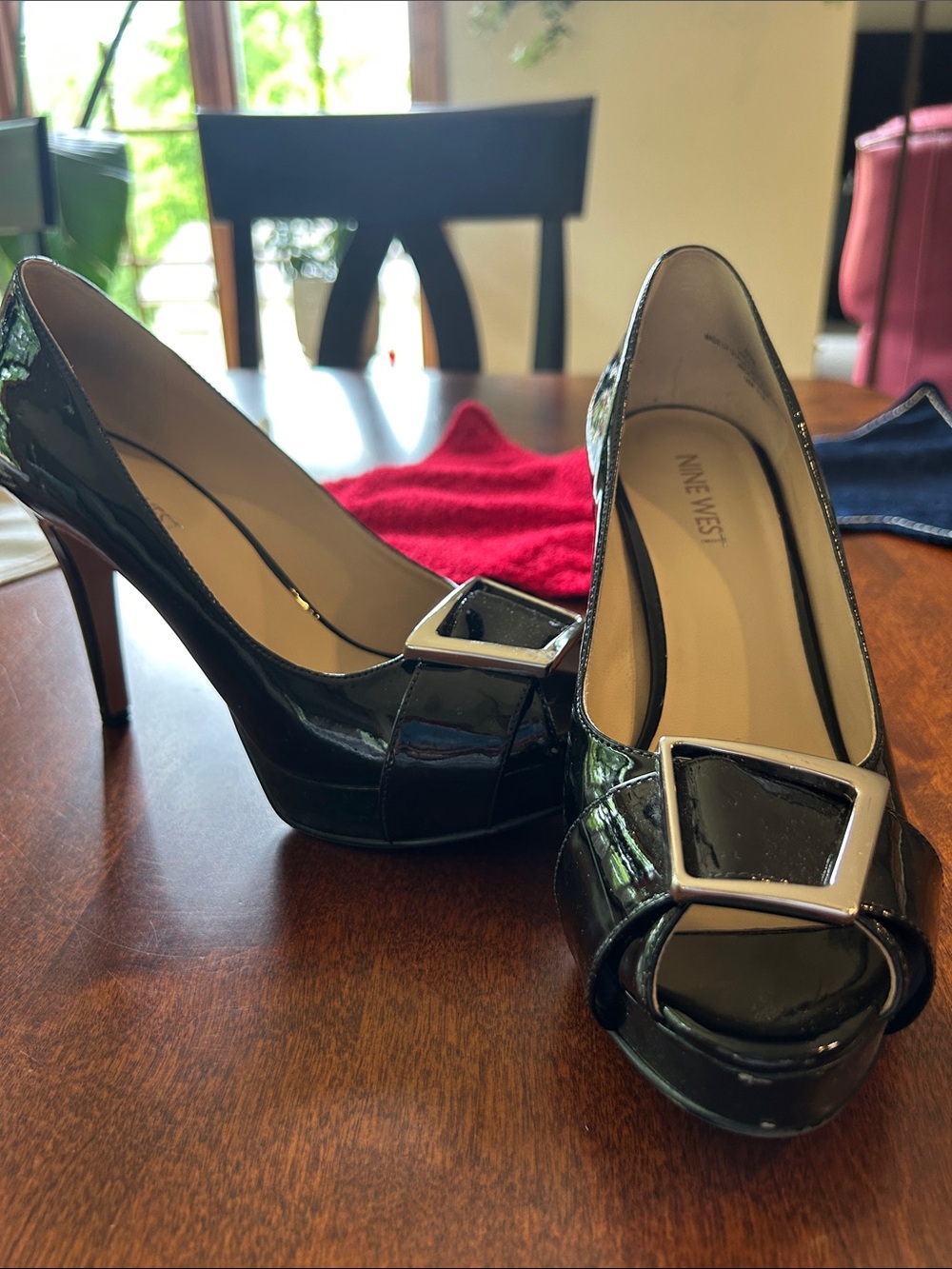 Nine West Black Patent Peep-Toe Pumps with Silver Buckle Accent - Size 6.5